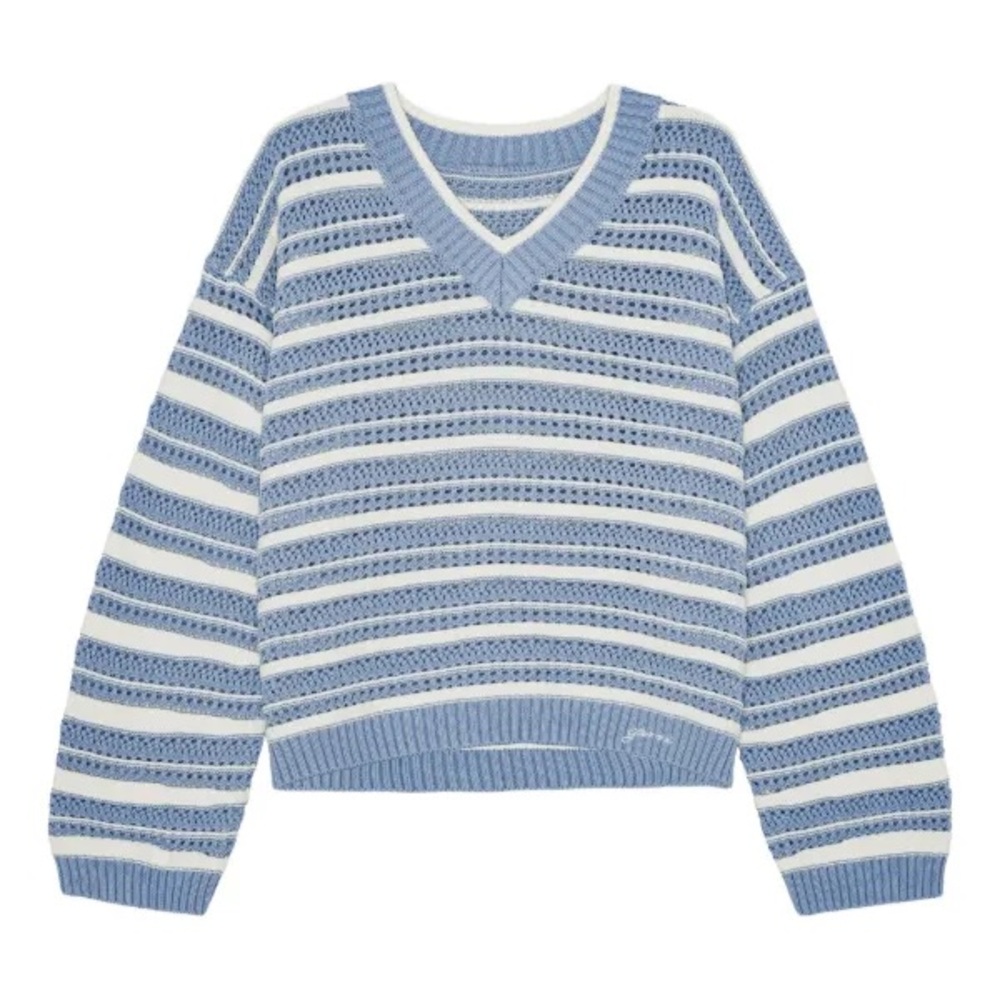 Ganni Blue and White Striped V-Neck Sweater